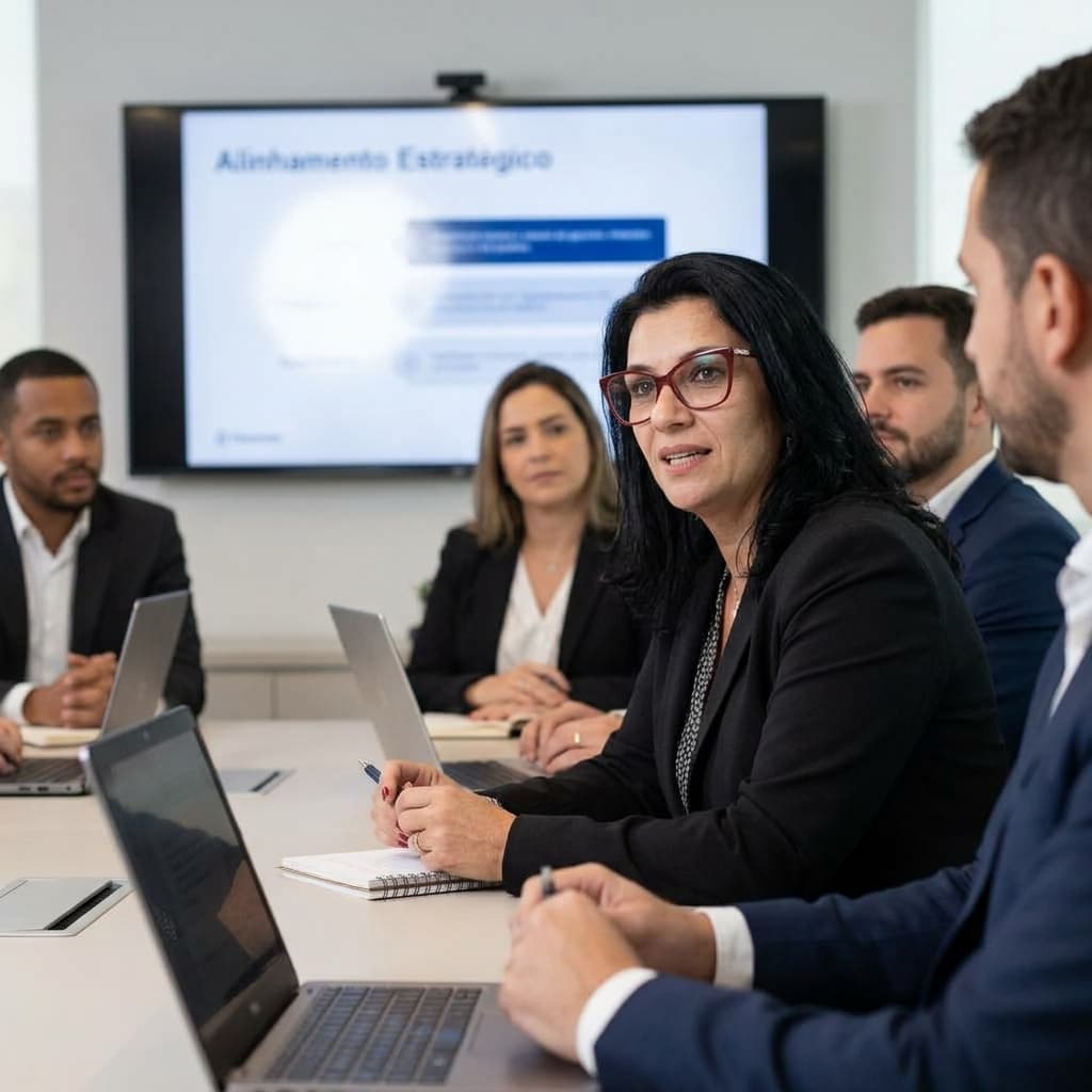 Denise Oldani em reunião de alinhamento estratégico com líderes de uma empresa
